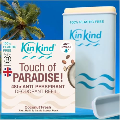 KinKind Refillable 48hr Antiperspirant Natural Deodorant Stick. 100% Plastic Free. 48hr Odour Protection. Coconut Antiperspirant Deodorant Stick. Touch of PARADISE! Coconut Fresh Starter Case & Refill