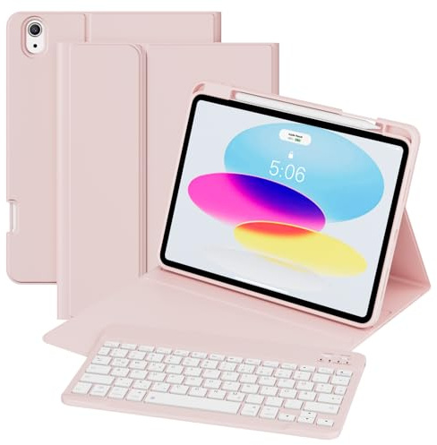 GKABXY Hülle mit Tastatur für iPad A16 11 Generation 2025/10 Generation 2022(11/10.9 Zoll), Soft TPU Rückschale mit Stifthalte, Magnetische Abnehmbare Tastatur Hülle für iPad 11/10 Gen, Rosa