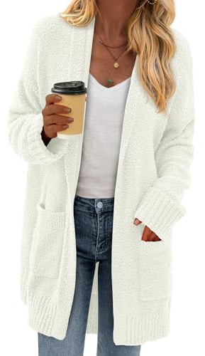 KIRUNDO Cardigan Sweaters for Women 2026 Fall Chunky Fuzzy Knit Open Front Loose Long Sleeve Sweater Coats Winter Clothing(White, Large)