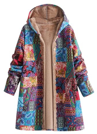 Zeiayuas Sherpa Fleece Lined Coat Women Winter Thick Jackets Plush Warm Outwear Ladies Teddy Bear Long Trench Coat Thicken Casual Jackets Vintage Floral Print Coats Overcoat Blue