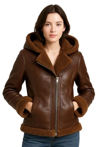 Giacca da donna in pelle con cappuccio e fodera in pelliccia sintetica di montone, cappotto invernale in vera pelle con zip frontale e tasche, Marrone, Large