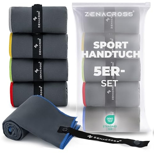 ZENACROSS Serviette Sport Microfibre Lot de 5, 40x77 cm- Serviette de Sport pour Musculation, Gym - Sechage Rapide & Ultra-Absorbant - Gris