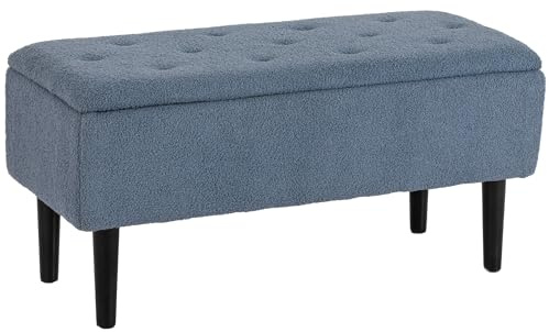 HOMCOM Banc de Rangement Coffre de Rangement Tabouret Repose-Pieds Surface en Tissu Effet Laine boucleé Pieds en Bois d'hévéa pour Salon Chambre entrée 95 x 38 x 45 cm Bleu