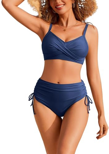 Ekouaer Bikini Sets for Women High Waisted Two Piece Swimsuits Twist Front Swimming Costume Tie Side Swimwear Bathing Suits, Blue S