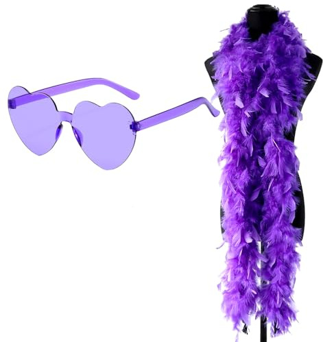 Boa de Plumas, 2M Bufanda de Plumas con Gafas Disfraces Accesorios Bufandas de Pluma Decorativas Fiesta de Disfraces de Boda para Bailar,Cosplay,Navidad,Fiestas,Carnaval,Fiesta Temática(Morado)