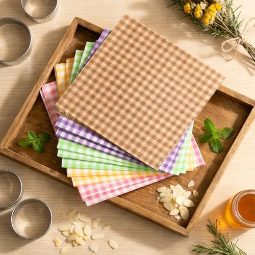 100 PCS 5 Colors Checkered Waxed Deli Paper Sheets, 7.1x7.1 Inch Greaseproof Food Basket Liners, Squares Checkered Sandwich & Burger Wrapping Wax Paper, Tray Parchment Liners for Picnics, Restaurants