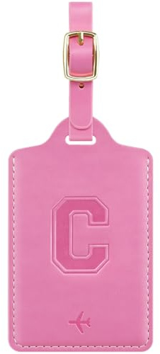 Luggage Tags for Suitcase Embossed Personalized Initial Letter C Travel Tags with 3 Replaceable Name Cards Leather Privacy Bag Tags Travel Essentials Backpack Tags for Women Girls Teens, Pink C