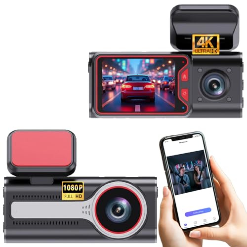 Dashcam, Frontal y Trasera Dos en Uno Frontal 4K + Trasera 1080P, Gran Angular 170°,Amplio Rango Dinámico (WDR), Función de Visión Nocturna,G-Sensor, 24H Monitor de Estacionamiento