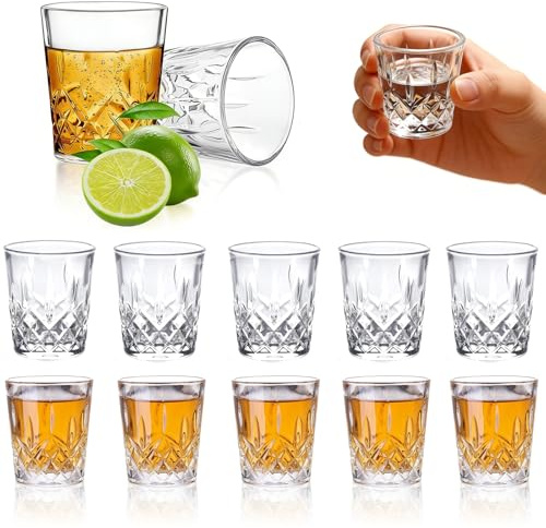 VIQIHEOE Set di 12 bicchierini da liquore in vetro di cristallo, 50 ml, piccolo bicchierino da liquore, bicchierini da whisky con fondo pesante, per feste, celebrazioni, riunioni (fondo piatto)