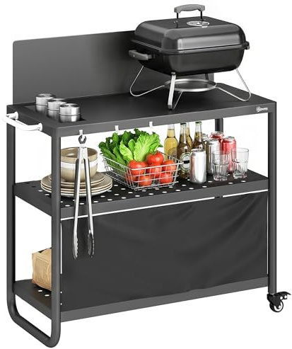 Outsunny Carrello per barbecue in acciaio, 100 x 46 x 110 cm, con protezione del vento, carrello da giardino a 3 livelli, mobile con tenda Oxford, stazione di cottura per piastra e forno per pizza con