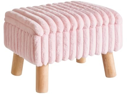 Aibiju Small Footstool with Storage, Velvet Pouf Stool with Wodden Legs and Padded Seat, Ottoman Footrest Extra Seating for Entryway, Living Room and Bedroom, Pink YD-JD152P