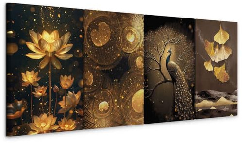 murando - Set di 4 Quadri Moderni Pavone e Loto Orientale 80x30 cm Ciascuno delle Dimensioni di 20x30cm - Collage 4 Pezzi - Quadro Moderno per Soggiorno - Decorazioni da Parete b-C-10458-b-a