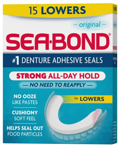 Sea Bond Secure Denture Adhesive Seals, Original Lowers, Zinc-Free, All-Day-Hold, Mess-Free, 15 Count (Pack of 1)