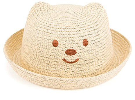 YABINA Straw Baby Ear Floppy Drawstring Chin Strap Sun Hat for Girls Boys Children (Beige)