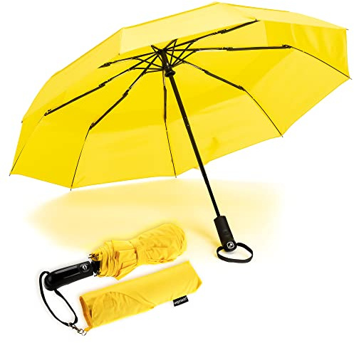 Ergonauts Travel Umbrella Windproof Vented Double Canopy – Teflon Coating, Ergonomic Handle & Protective Sleeve – Portable Compact Foldable Lightweight Design and High Wind Resistance (Yellow)
