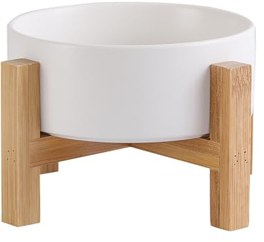 Erhöhter Futternapf aus Keramik für Katzen - Katzennapf mit Napfständer aus Holz und rutschfesten Füßen - Fressnapf aus Keramik für Katzen und Welpen - Für Futter und Wasser - 400 ml - Weiß
