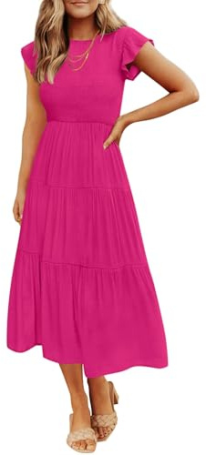 ZESICA Women's 2025 Summer Casual Flutter Short Sleeve Crew Neck Smocked Elastic Waist Tiered Midi Dress,Dark Pink,Small