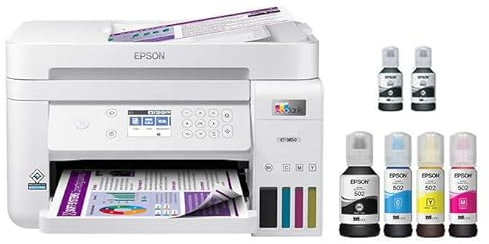 Epson EcoTank Wireless Color All-in-One Cartridge-Free ET-3850 Supertank Inkjet Printer for Home Office, Scanner, Copier, ADF and Ethernet, Mobile Printing, with Bonus Black Ink Bottle & USB Cable