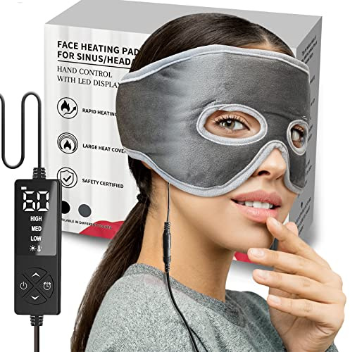 Sinusavlastande mask med 3 värmeinställningar för lindring av sinustryck, extra stor uppvärmd ögonmask, elektrisk värmedyna för ansikte, bihåleinflammation, torr ögonterapi, spänningshuvudvärk