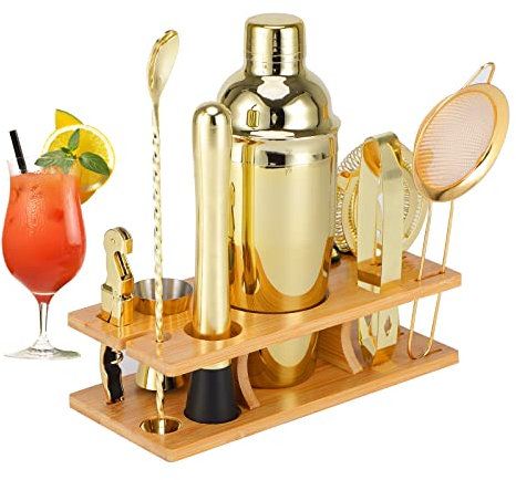 Bartender Kit 11-Piezas Coctelera-Mezclador para Cócteles 25oz Boston Shaker-Accesorios de Bar con Elegante Soporte de Bambú Mix Drink Shaker Kit Kit Martini…