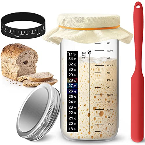 Artcome Kit de bocal de démarrage pour levain – Bocal de démarrage de 680,4 g avec couvercle, bande d'alimentation marquée, grattoir en silicone, couvercle en tissu et bande de thermomètre