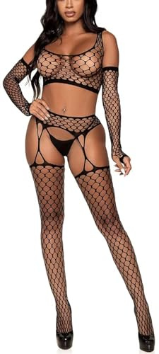 Bommi Fairy Women's Fishnet Chemise BobyStocking Nightdress Tight Hollow Out Lingerie Set Hand Stocking+Net Garter + Top Club Outfits Partywear (Black)