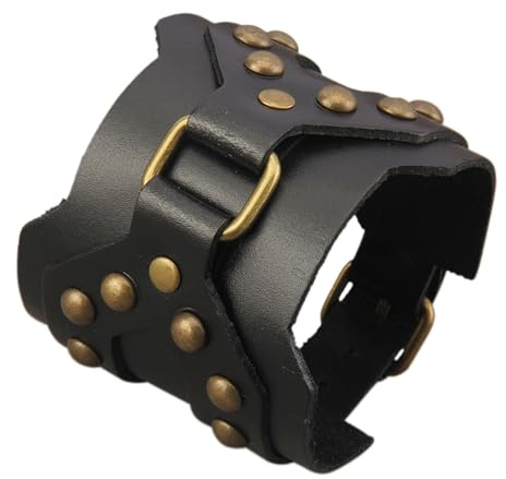 JAOYU Wide Wrist Cuff Bracelet Punk Gothic Biker Bracelet for Mens Genuine Leather Wristband Cool Bangle Rocker Cosplay Costumes Black