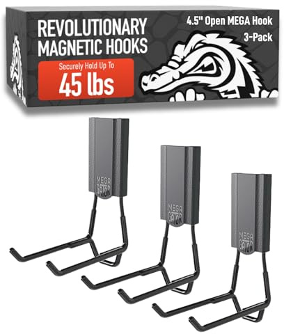 GATOR MAGNETICS MEGA 4.5 in Open Hooks, 45 lb Heavy Duty Magnetic Hooks for Steel Surfaces, Patented Easy-Release, Non-Slip Grip – Storage & Organization, Garage, Home Tools & Gear Storage – 3 Pack