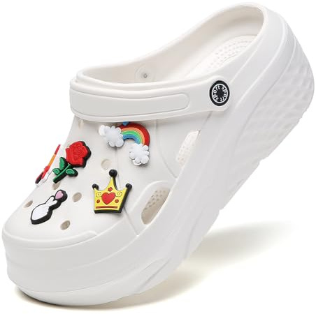 Zoccoli da donna con piattaforma leggera, in gomma, impermeabili, da giardino, da campeggio, con plantare e plateau, bianco, 42 EU