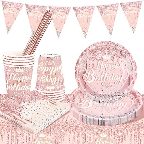 AKONE Happy Birthday Partygeschirr Set, Rosegold Geburtstagsdeko Party Geschirrset, Rosegold Tischdeko Geburtstag, Pinke Geburtstag Party Geschirr Pappteller Set, Geburtstagsdeko Mädchen für 10 Gäste