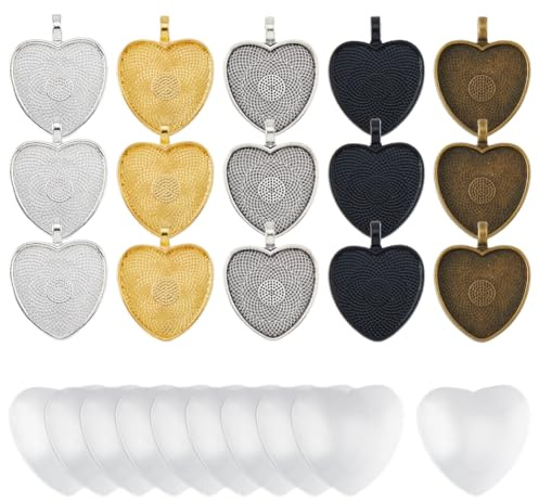 SUPERFINDINGS 30 Ciondolo A Cuore con Cornice Vuota per Immagini con 30 Pezzi di Cabochon Trasparente, Ciondolo Colorato Vuoto per Collana Fai-da-Te per Matrimoni e Gioielli Artigianali