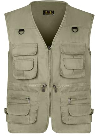 LBL Gilet de pêche léger pour homme avec plusieurs poches, kaki foncé, XL