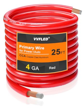 Fil automobile de calibre 4, 7,6 m, 12 V, couleur rouge, pour audio de voiture, batterie, systèmes électriques, câble d'alimentation en aluminium (CCA) flexible et robuste pour voiture télécommandée