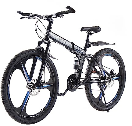 BSTSEL 26 Inch Adult Folding Mountain Bike, Dual Suspension Mountain Bikes with 26 Inches 3-Spoke Wheel, 21 Speed Mens and Womens Foldable Mountain Bicycle (26 Inch Black & Blue)