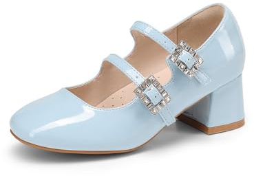 DREAM PAIRS Mary Jane - Scarpe da bambina con doppia cinghia, con tacco alto, per Pasqua, matrimoni, feste, chiese, principessa, comunione, décolleté per bambini piccoli e grandi, Blu chiaro, 35 EU