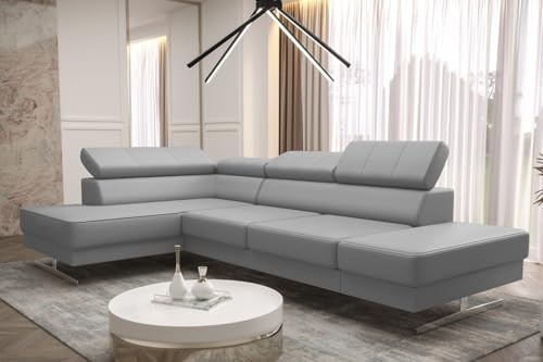 Emporio MINI hörnsoffa 300 x 180 cm av äkta läder – modern lädersoffa med justerbara nackstöd, silverfötter – hörnsoffa vänster eller höger – premiumdesignsoffa (ljusgrå, vänster)