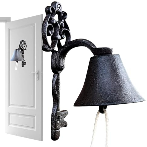 Timbre de puerta de hierro fundido antiguo, campanas de pared para colgar, campanas de pared con soporte | Sonido de mano vintage con diseño ornamental para entrada, jardín, porche o aula, acento