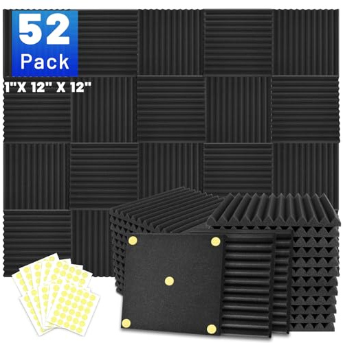 52 Pack Sound Proofing Panels, 1 X 12 X 12 Acoustic Foam Wall Panels, Soundproofing Panels, Sound Absorption Panels, Sound Proof Panels for Studio, Home, Office, with Double Sided Tape