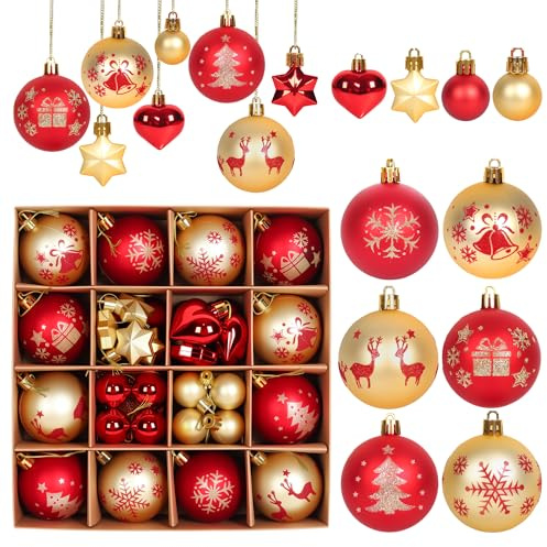 Herbbree Christmas Tree Decorations,44 Pcs Christmas Baubles with Red & Gold Balls,Shatterproof Hanging Ornaments for Xmas Tree Decorations Holiday Home Party(3CM-6CM)