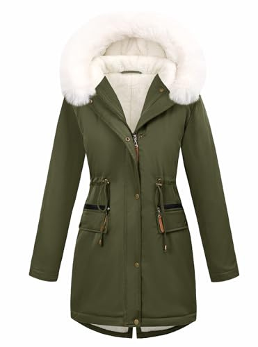 CMTOP Chaqueta Mujer Invierno Largo Forro Polar Cálido Abrigo Impermeable y Prueba de Viento Parka Elegantes Clásica Casual Jacket, Gruesa Outwear con Bolsillos y Capucha(Verde Militar,XXL)