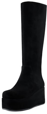 HEIFIN Black Seude Platform Knee High Boots for Women Round Toe Side Zipper Fall Winter Dress Tall Wedge Faux Leather Boots for Women