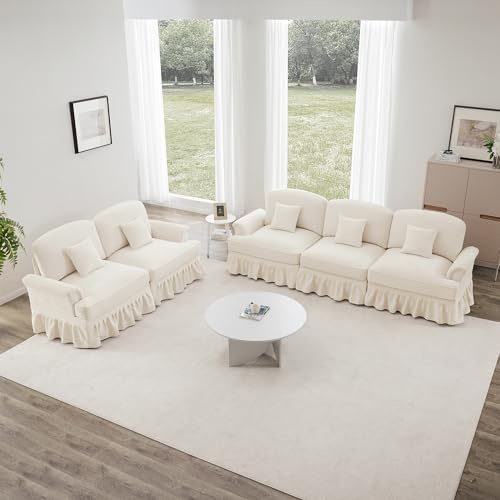 Bladez Set di 2 divani modulari per soggiorno, balza rimovibile, comodo tessuto di ciniglia, gambe in legno, 3 posti & Loveseat Cloud, divano imbottito per soggiorno (bianco, 3 + 2 posti)