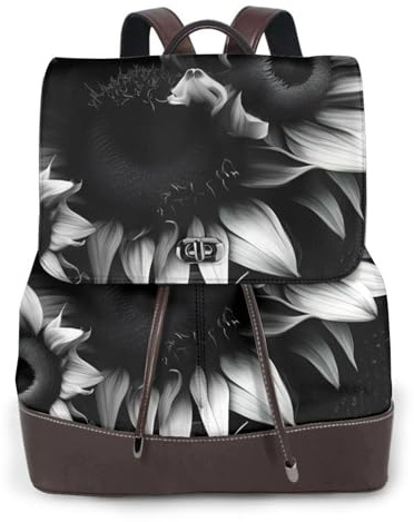 FLGHJNBJN Mochila versátil de piel sintética con girasoles blancos y negros para mujer, elegante mochila de día para viajes, universidad, viajes, al aire libre