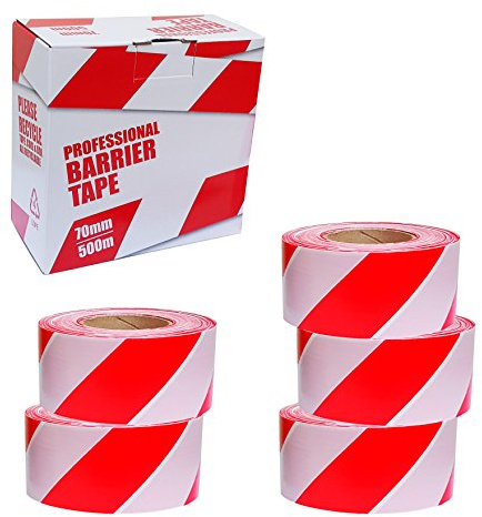 5 x Professional Barrier Hazard Safety Warning Tape - Red & White, 70mm x 500m