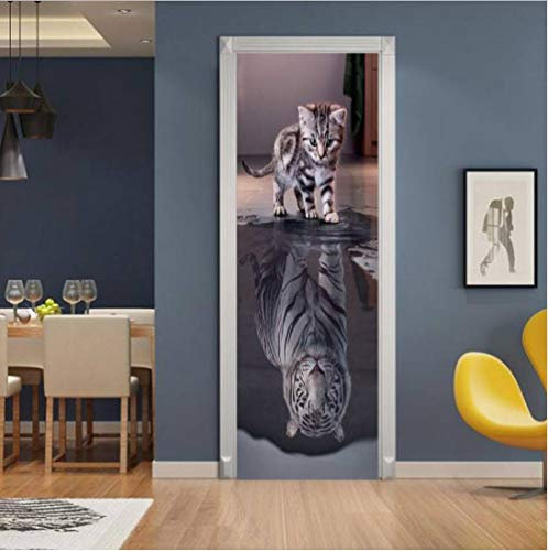 OHEHE Türtapeten Selbstklebend 3D Katze und weißer Tiger Türposter Wasserdicht Wandbild Abnehmbar PVC Schlafzimmer Wohnzimmer Wohnkultur 77X200CM