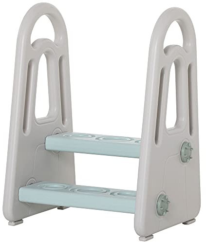HOMCOM Lernturm Tritthocker Schemel Stehender mit 2 Stufen Pyramiden-Struktur Sicherheit Bad Schlafzimmer Küche Blau+Grau für 2-5 Jahre HDPE PP 43,5 x 38,5 x 61 cm