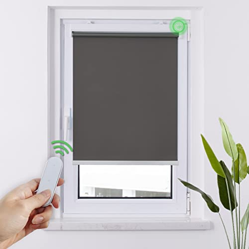 HOMEDEMO M100 Elektrische Rollos Verdunkelungsrollo mit Motor & Fernbedienung, Dunkelgrau 60x120cm(BxH), Smart Rollo ohne Bohren klemmfix & mit Bohren, Sonnenschutz Sichtschutz Rollo für Fenster