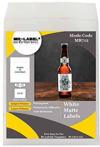 Mr-Label 3.5″x3″ White Matte Beer Bottle Label– Self-Adhesive Waterproof Blank Labels for Inkjet & Laser Printer – for Handmade Beer/Wedding (10 Sheets|80 Labels)