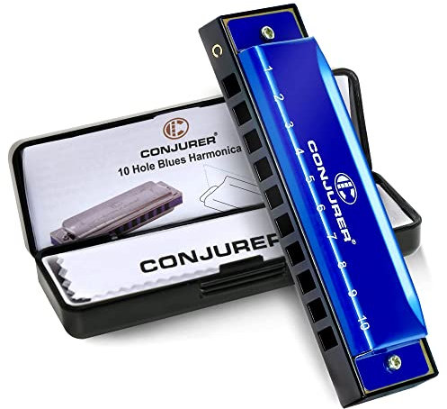 Conjurer Blues Mundharmonika C-Dur Anfänger& Kinder Blues Harp C 10-Loch Diatonische Harmonika Instrument Muntamonika mit hochwertigen Messing Stimmzungen und Hervorragender Klang, 1001 C Dur, Blau