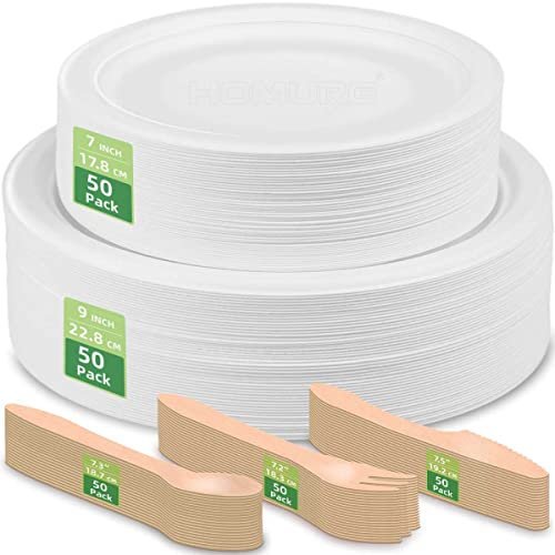 HOMURG Stabil Pappteller und Besteck Set, Einwegteller und Einwegbesteck mit Kuchenteller + Essteller + Gabel + Löffel + Messer 250 Stück, Partygeschirr und Einweggeschirr mit Besteckset für 50 Gäste